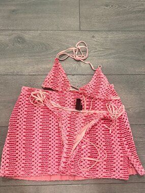 VINCA - ALINA PINK CROCHET TRIANGLE BIKINI SET with matching skirt